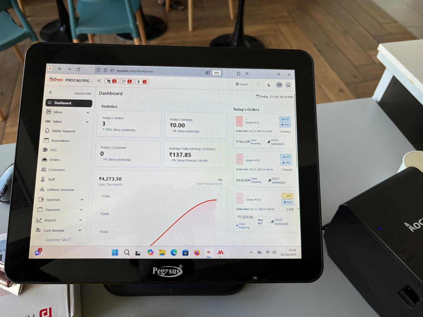 MealNix dashboard showing today's orders, earnings, sales chart and live order list